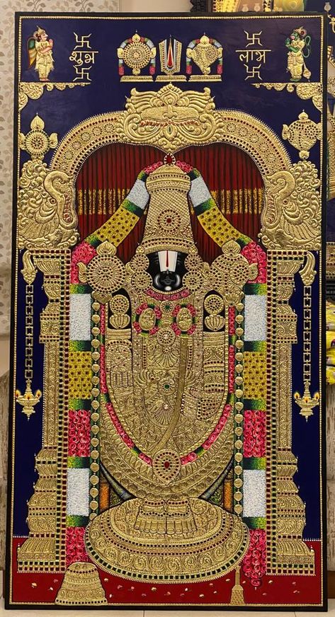 Pooja Room Photos Arrangement, Balaji Painting, Balaji Tanjore Painting, Lakshmi Maa, Pooja Unit, Ceilings Design, Tanjore Art, Mysore Painting, Tirupati Balaji