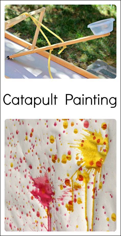 Use a CATAPULT to create a super fun and unique art experience for the kids!  #summeractivities #activitiesforkids Catapult Painting, Couple Fun, Messy Art, Art Couple, Art Activities For Kids, Art Experience, Camping Art, Fun Art, Preschool Art