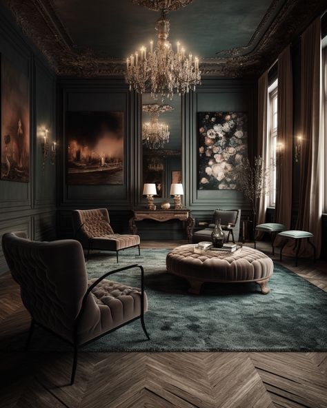 Moody Victorian Interior Design, Dark Walls Interior Design, Dark Parisian Living Room, Dark Green House Interior Design, Old Classic Interior Design, Moody Elegant Interior, House Interior Inspo Aesthetic, Dark Formal Living Room, Antique Design Interior