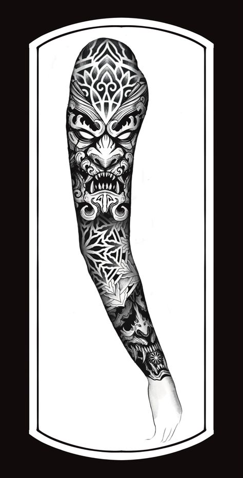 Japanese Mandala Tattoo Sleeve, Blackout Geometric Tattoo, Dragon Mandala Tattoo, Japanese Geometric Tattoo, Tattoo Sleeve Japanese Style, Black Geometric Tattoo, Black Mandala Tattoo, Mandala Sleeve Tattoo, Geometric Tattoo Sleeve