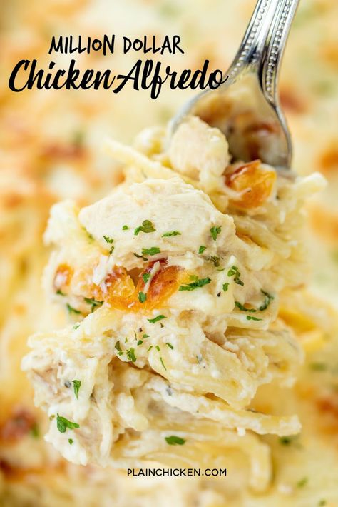 Million Dollar Chicken Alfredo - seriously delicious! Chicken, pasta, alfredo sauce and 4 cheeses! The BEST chicken alfredo EVER!!! Can make ahead and refrigerate or freeze for later. Spaghetti, cream cheese, sour cream, cottage cheese, chicken, Alfredo sauce, parmesan cheese and mozzarella cheese. Serve with a simple salad and garlic bread. Great for dinner parties and potlucks! Everyone loves this easy casserole! I never have any leftovers!! #casserole #chickencasserole #pasta #freezermeal Million Dollar Chicken, Salsa Alfredo, Chicken Alfredo Casserole, Pasta Alfredo, Chicken Alfredo Recipes, Chicken Alfredo Pasta, Simple Salad, Stuffed Pepper, Alfredo Sauce Recipe