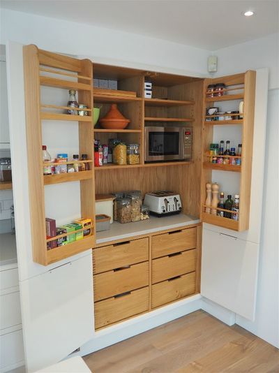 Bedroom Furniture Redo, Wooden Garden Chairs, Kitchen Larder, Plywood Kitchen, Handleless Kitchen, Walnut Kitchen, Kitchen Manufacturers, Bespoke Kitchen, Kitchen Extension