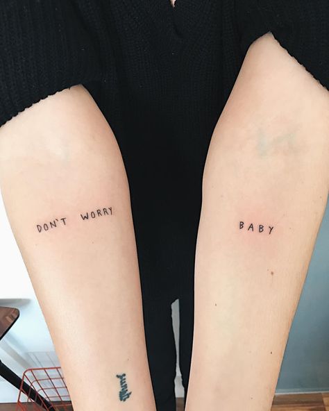 Words ‘Don’t worry baby’ tattoo by Kelli Kikcio inked on both forearms Worry Tattoo, Related Tattoos, Baby Tattoo, Mens Lion Tattoo, Hand Poke, Baby Tattoos, Elegant Tattoos, Vintage Poster Art, Lion Tattoo