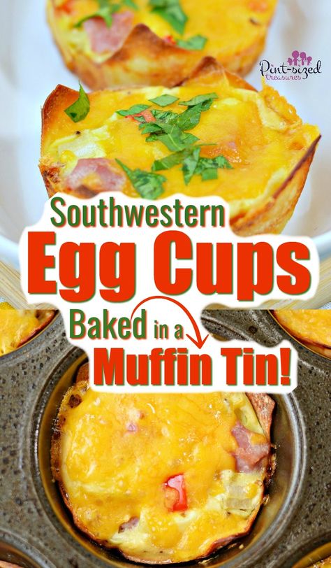 Incredibly easy egg cups that are filled with ham, cheese, Southwestern ingredients, spices and baked in a muffin tin! Perfect, super-fast, on-the-go breakfast for busy people! #eggcups #muffintinrecipes #easyeggcups #eggbake #eggmuffins #muffinomelet #bakedomeletes #easybreakfast #freezerfriendly #quickmeals #pintsizedtreasures Breakfast Burrito Bites Muffin Tin, Breakfast Egg Bake, Recipes Eggs, Baked Egg Cups, Ugly Food, Baked Breakfast Recipes, Muffin Tin Recipes, Egg Dishes, Breakfast Bites