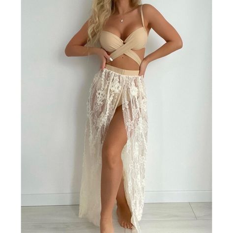 Shein 3 Pc Plain Wrap Push Up Bikini Swimsuit & Beach Skirt Size: S Color: Nude/Tan With White Lace Skirt Condition: New In Bag 2 For $15 Promo Bundle Anything You See With ' 2 For $15 ' And Offer $15 * Go To Closet Page And Filter Available Items Only And Sort By Price Low To High For Easiest View * Skirt Coverup, Swimsuit Beach, Dress With Stockings, Split Skirt, Beach Skirt, Beach Swimsuit, Rave Outfits, Mens Swimwear, Three Piece