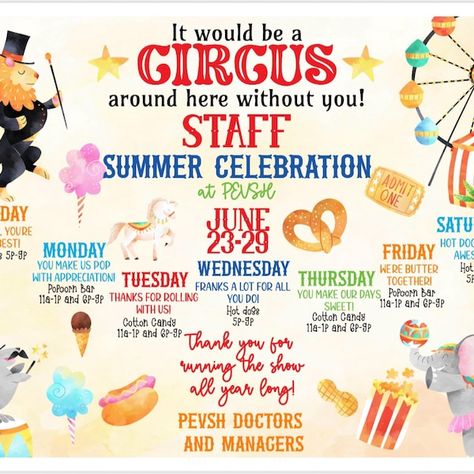 Circus Teacher Appreciation Calendar, Itinerary of Events, EDITABLE Template, Nurse Appreciation, PTA PTO, Carnival Show, Staff Appreciation - Etsy Staff Appreciation Week Theme Ideas, Circus Themed Teacher Appreciation Week, Pto Appreciation Ideas, Circus Teacher Appreciation Week, Teacher Appreciation Week Themes, Teacher Appreciation Themes, Carnival Show, Staff Appreciation Week, Appreciation Ideas