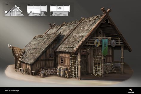 ArtStation - Viking House 02 / Concept Art, Leartes Studios Houses Concept Art, Norse House, Viking Houses, Village Environment, Casa Viking, Viking Hall, Fishing House, Nordic Architecture, Viking House