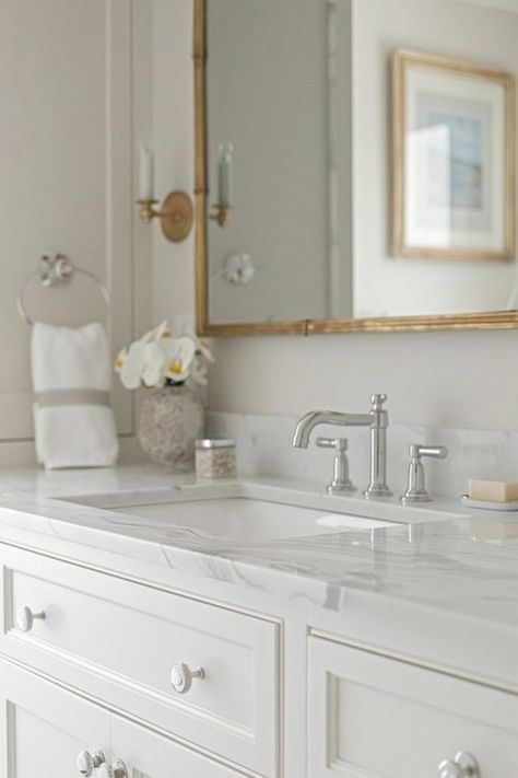 Who says you can't mix metals in the bathroom? Embrace that brass faucet with a sleek chrome showerhead for a modern touch. Let your creativity shine through by blending different metal finishes to give your bathroom an eclectic and sophisticated look. Mixing metals adds depth and personality to your space, making it uniquely yours. Whether you prefer gold, silver, bronze, or anything in between, don't be afraid to experiment with various finishes to create a stylish oasis where every metal is w Polish Nickel Bathroom Faucet, Bath Fixture Ideas, Brush Nickel And Gold Bathroom, White Bathroom Vanity Chrome Hardware, Chrome And Brass Bathroom Fixtures, Chrome Finish Bathroom, Silver And Gold Hardware Bathroom, White Bathroom Silver Fixtures, Bathrooms With Chrome Fixtures