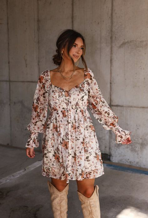 Country Fall Dress, Fall Floral Midi Dress, Fall Dresses Plus Size Women, Fall Western Dresses, Pumpkin Patch Photoshoot Outfits, Fall Dresses For Family Pictures, Sweater Dress With Cowboy Boots, Barn Party Outfit, Midi Dress With Cowboy Boots