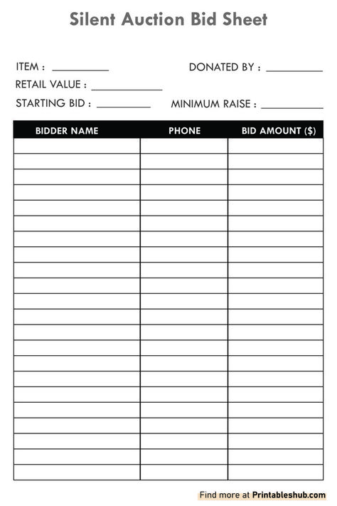 Free Printable Blank Silent Auction Bid Sheet Template PDF Silent Auction Donations, Silent Auction Bid Sheets, Auction Games, Silent Auction Fundraiser, Auction Donations, Golf Fundraiser, Rosh Hashanah Cards, Auction Event, Auction Fundraiser