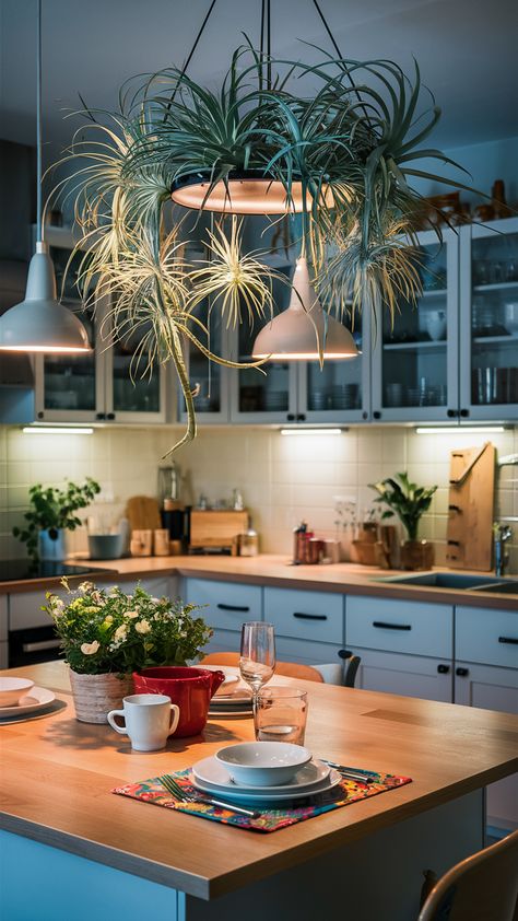 Discover how to bring life into your kitchen with stunning air plants artfully displayed in a hanging planter above your island! This modern setup features the sleek KUNGSBACKA cabinet system paired with functional VARDAGEN kitchenware, creating a perfect blend of style and utility. A colorful ÖVERMÄTT placemat adds a pop of personality, while warm pendant lights cast a cozy glow over your countertop. Ready to transform your space? Click for tips on styling your kitchen with air plants and IKEA-inspired decor! #AirPlants #KitchenDecor #IKEAStyle #HomeStyling #IndoorPlants #ModernLiving #PlantLovers Modern Setup, Styling Your Kitchen, Ikea Plants, Modern Backdrop, Plant Kitchen, Above Cabinets, Hanging Planter, Grow Lights, Hanging Planters