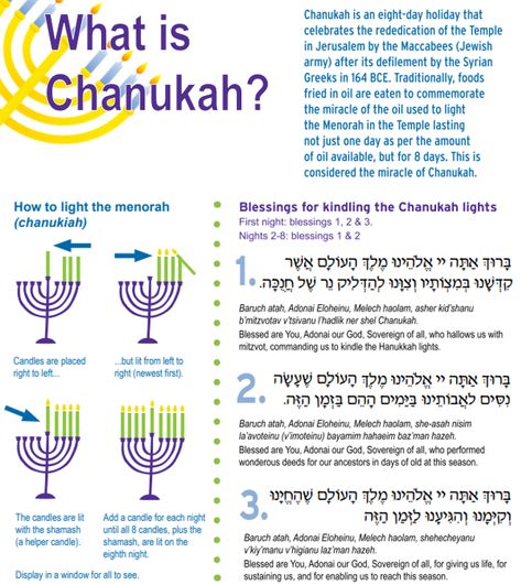 Learn about Chanukah/Hanukah/Hanukkah including how to light the menorah and blessings over the candles.   Chanukah is an eight-day holiday that celebrates the rededication of the Temple in Jerusalem by the Maccabees (Jewish army) after its defilement by the Syrian Greeks in 164 BCE. Traditionally, foods fried in oil are eaten to commemorate the miracle of the oil used to light the Menorah in the Temple lasting not just one day as per the amount of oil available, but for 8 days. 8 Days Of Hanukkah, Hanukkah 2023, What Is Hanukkah, Hanukkah Blessings, Jewish Customs, The Maccabees, Jewish Beliefs, Hanukkah Activites, Hanukkah Traditions