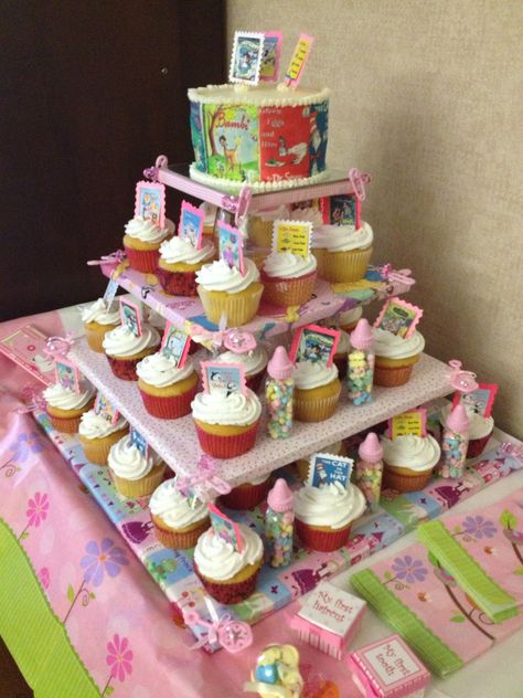 Storybook Baby Shower Cupcake Tower! Storybook Cupcakes, Storybook Baby Shower Ideas, Storybook Theme, Book Cupcakes, Book Event, Storybook Baby Shower, Event Favors, Baby Shower Brunch, Cupcake Tower