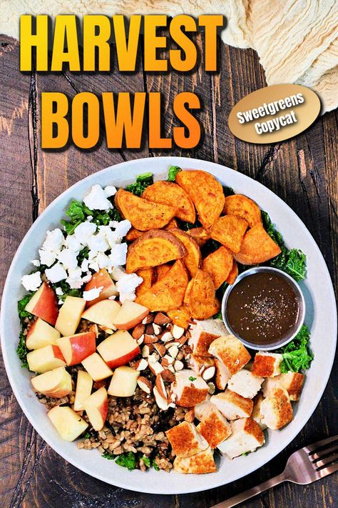 Harvest Bowl (Sweetgreen Copycat Recipe) Harvest Bowl Recipe, Chicken Sweet Potatoes, Harvest Bowl, Creamy Goat Cheese, Sweet Potato Kale, Sweet Potato Slices, Seasoned Chicken, Fall Cooking, Delicious Magazine