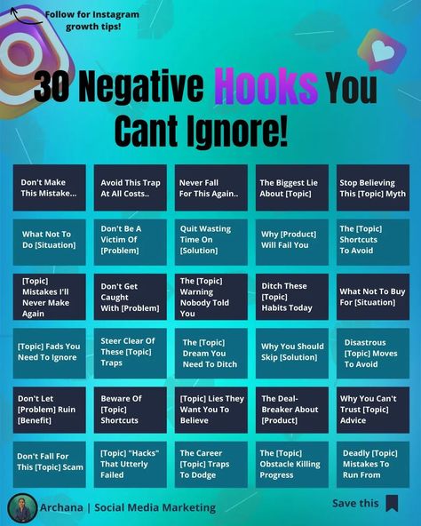 🔥Negative Hooks: The 30 You Must Use. Grab their eyes!👀 Negative hooks make people stop scrolling. Use the 30 hooks in this post to get noticed! Too many posts get ignored. But not yours! Negative hooks are like a "Don't Walk" sign. They make people pause. These 30 hooks warn about mistakes. They highlight traps to avoid. Fears get attention. Use these hooks as post titles or openers. All your posts need hooks. Good ones grab interest right away. Bad ones let people scroll by. These ... Instagram Reach, Content Plan, Stop Scrolling, Social Media Strategist, Social Media Presence, Instagram Marketing Tips, Instagram Strategy, Health Habits, Content Planning