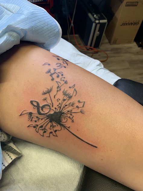 Music Dandelion Tattoo, Music Friend Tattoos, Thigh Music Tattoos Women, Meaningful Music Tattoos, Couples Music Tattoos, Music And Flower Tattoo, Music Inspired Tattoos For Women, Tattoo Ideas Female Music, Music Lover Tattoo Ideas