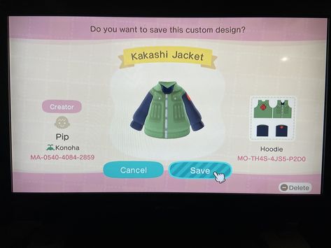 Animal Crossing New Horizons QR Custom Kakashi Jacket Naruto Animal Crossing Naruto Clothes, Acnh Naruto Design, Animal Crossing Anime Outfits, Anime Animal Crossing Design, Naruto Animal Crossing, Acnh Cosplay, Anime Nintendo Switch, Ac Pattern, Acnh Diy