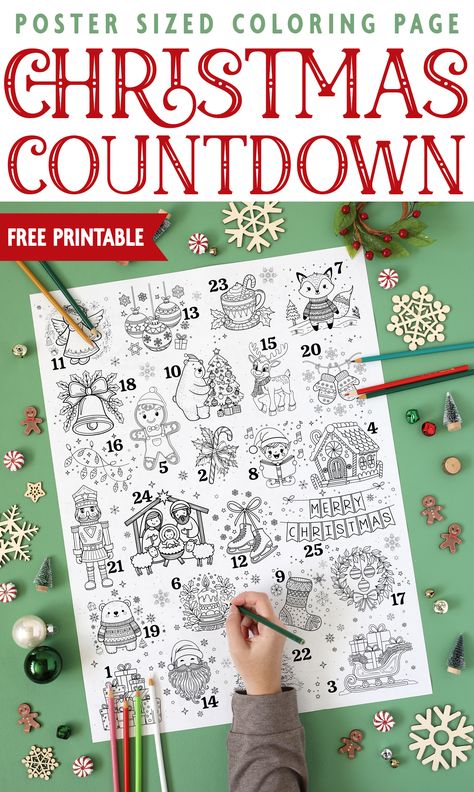 Count down the days to Christmas with this giant printable Christmas countdown coloring poster. Color one picture every day! This prints for less than $3 same day and is a huge poster to hang on the wall. So fun for kids or grandkids and easy to pull off too!  DIY Christmas | Coloring Page | Christmas Crafts for Kids | Christmas Crafts | Christmas Art | Advent Calendar Advent Calendar Coloring Page, Advent Calendar Poster, Coloring Advent Calendar, Printable Advent Calendar For Kids, Count Down To Christmas Ideas, Printable Christmas Activity Sheets, Advent Calendar Coloring, Printable Christmas Countdown, Prek Christmas