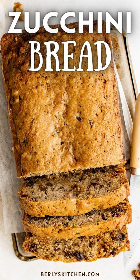 Top down view of sliced zucchini bread. Raisin Nut Bread Recipe, Recipe For Zucchini Bread, Homemade Corn Muffins, Recipe For Zucchini, Italian Bread Recipes, Grated Zucchini, Zucchini Bread Recipe, Healthy Bread Recipes, Flat Breads