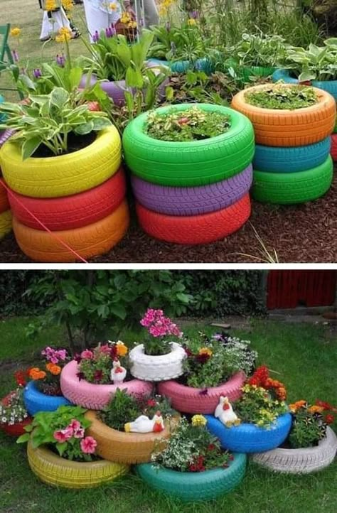 Garden Ideas Using Old Tires, School Garden Club, Garden Ideas With Plastic Bottles, Tire Garden, Back Garden Design, Sensory Garden, Garden Decor Projects, Garden Decor Ideas, Garden Crafts Diy