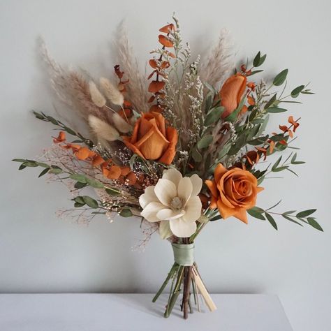 Burnt Orange Wildflower Bouquet, Fall Pampas Bouquet, Rust Bridesmaid Dress With Flowers, Orange Fall Bouquet, Bridal Bouquet With Mums, Terracotta Wildflower Bouquet, Fall Bridal Bouquet October Rustic, Terracotta Bridal Bouquet Boho, Fall Bridesmaids Bouquets