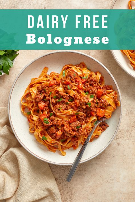 Italian Recipes Dairy Free, Bolognese Sauce Dairy Free, Dairy Free Bolognese Sauce, One Pot Meals Dairy Free, Gluten Dairy Soy Free Recipes, Dairy Free Bolognese, Dairy Free Creamy Pasta, Egg Noddle Recipes, Dairy Free Spaghetti