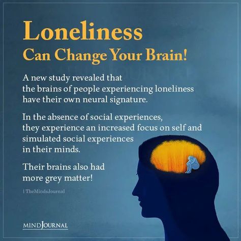 Loneliness Can Change Your Brain! A new study revealed that the brains of people experiencing loneliness have their own neural signature. In the absence of social experiences, they experience an increased focus on self and simulated social experiences in their minds. Their brains also had more grey matter! #loneliness #brainfacts #mentalhealth Focus On Self, Life Quotes Relationships, Grey Matter, Brain Facts, Psychology Says, Mental Health Facts, Cool Science Facts, Wealth And Abundance, Psychology Fun Facts