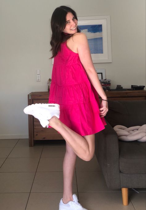 Pink dress. White sneakers. Pink Dress Sneakers Outfit, Dress Sneakers Outfit, Dress White Sneakers, Dress And Sneakers Outfit, Dress Sneakers, Sneakers Outfit, White Sneakers, Dress White, Pink Dress