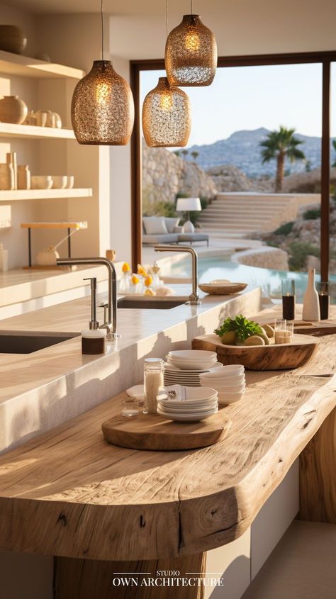 Greek Island Aesthetic Interior, Greek Island Interior Design, Greek Outdoor Kitchen, Cocinas Aesthetic, Greek Inspired Home, Family Home Aesthetic, Kitchen Ideas With Island, Kitchen Cabinets Contemporary, Greek House Interior