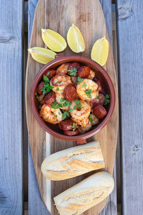 Smoky Garlic King Prawns and Chorizo - Felly Bull Prawn Chorizo, King Prawns, Tapas Dishes, Crusty Bread, Smoked Paprika, Cherry Tomatoes, Serving Bowls, Garlic, Stuffed Peppers