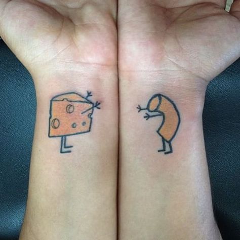 Mac And Cheese Tattoo, Unhinged Matching Tattoos, Cheesy Tattoos, Siblings Tattoo Ideas, Funny Matching Tattoos, Siblings Tattoo For 3, Siblings Tattoo, Cute Sister Tattoos, Cute Tattoos With Meaning