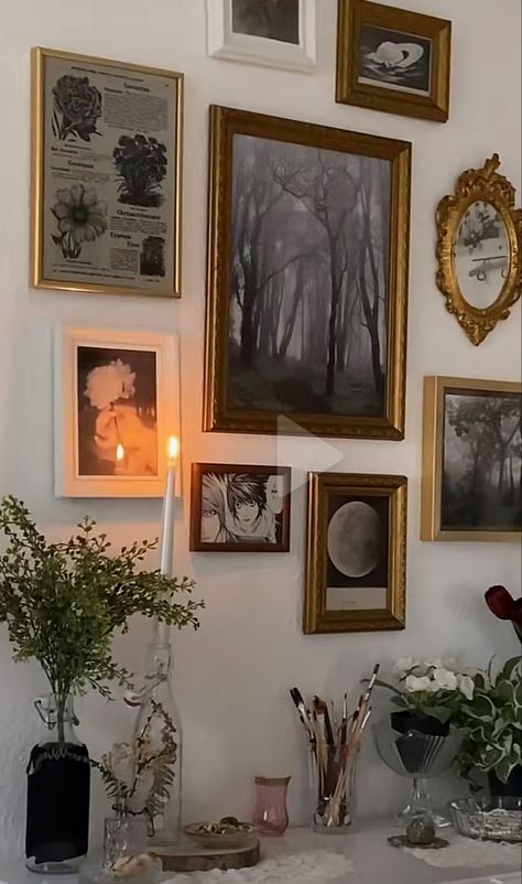 The Knick Aesthetic, Soft Victorian Aesthetic Home, Moody Decor With White Walls, Vintage Dark Bedroom Aesthetic, Vintage Grandma Aesthetic Room, Romantic Academia Room Decor, Vintage French Bedroom Aesthetic, Painting Wall Collage, Soft Academia Aesthetic Room