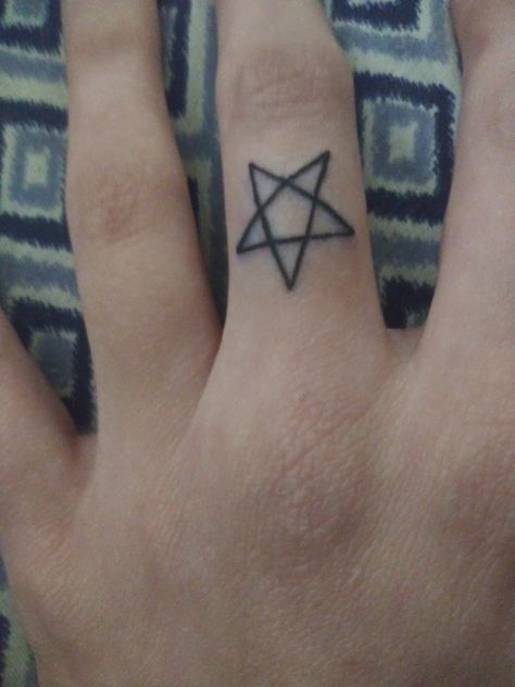 Silly Small Tattoo Ideas, Finger Stick N Poke, Small Emo Tattoos Simple, Pentagram Finger Tattoo, Satanism Tattoo, Small Goth Tattoo, Goth Stick N Poke, Small Satanic Tattoos, Small Goth Tattoos