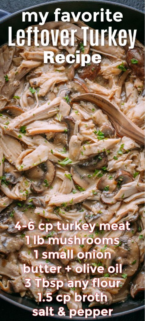 This is the best way to use leftover turkey. Turkey meat in mushroom gravy is amazing over mashed potaotes and doesn't taste like leftovers. This is so easy to make and the perfect way to use up Thanksgiving leftovers! This is also amazing with leftover chicken from a rotisserie chicken #thanksgiving #leftovers #leftoverturkey #leftoverturkeyrecipes #turkeyingravy #chicken Easy Leftover Turkey Recipes, Turkey Gravy From Drippings, Leftover Turkey Casserole, Tartiflette Recipe, Leftover Turkey Soup, Turkey Soup Recipe, Shredded Turkey, Thanksgiving Leftover Recipes, Turkey Casserole