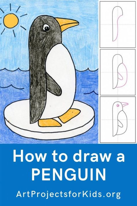 Learn how to draw a with this fun and easy art project for kids. Simple step by step tutorial available. Children Drawing Ideas For Kids, Directed Drawing For Kids, Penguin Drawing Easy, Penguin Coloring Pages, Penguin Drawing, Kindergarten Art Projects, Directed Drawing, Penguin Art, Drawing Tutorials For Kids