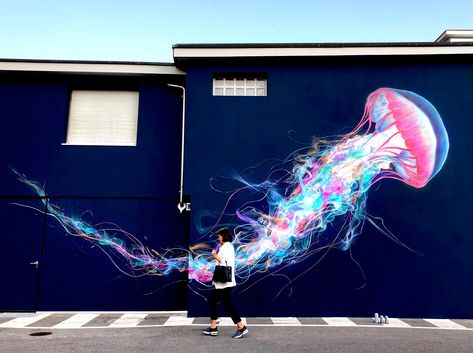 Iridescent Jellyfish, Lugano Switzerland, Street Art Utopia, Art Deco Paintings, Jellyfish Art, E.t Art, Animal Mural, Door Murals, Murals Street Art