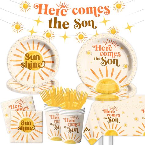 PRICES MAY VARY. 🌞【SUNSHINE】Choose distinctive first birthday decorations! You will get 142pcs here comes the son themed party supplies,1piece banner,1piece tablecloth,20pcs 9"plates,20pcs 7"plates,20pcs 9oz cups,20pcs knives,20pcs forks and 40pcs napkins. 🌞【CUTE】Sun themed plates and napkins kit will grab everyone's attention,we've designed retro sunshine, and also prints "here comes the son".It will become an unforgettable memory for you. 🌞【QUALITY】Boho sunshine party supplies are made of g Babby Shower, Retro Baby Showers, Here Comes The Son, Baby Shower Theme Decorations, Sunshine Baby Showers, Sunshine Birthday, Boho Sun, First Birthday Decorations, Baby Shower Decorations For Boys