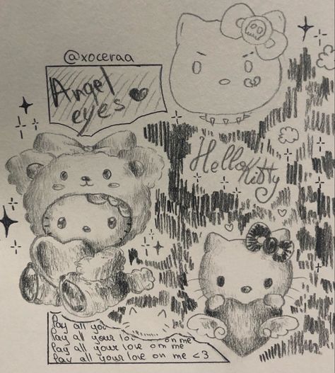 #sketch #doodle #art #artwork #pencil #hellokittycollection #hellokittycore #sanrio #cinnamoroll #kuromi #mymelody Sanrio Drawings Kuromi, Sanrio Doodle Art, Cute Pencil Doodles, Art Sketches Hello Kitty, Sanrio Sketches Kuromi, Art Idea List, Hello Kitty Artwork, Notratsberry Art, Drawing Inspo Sketch Aesthetic Grunge