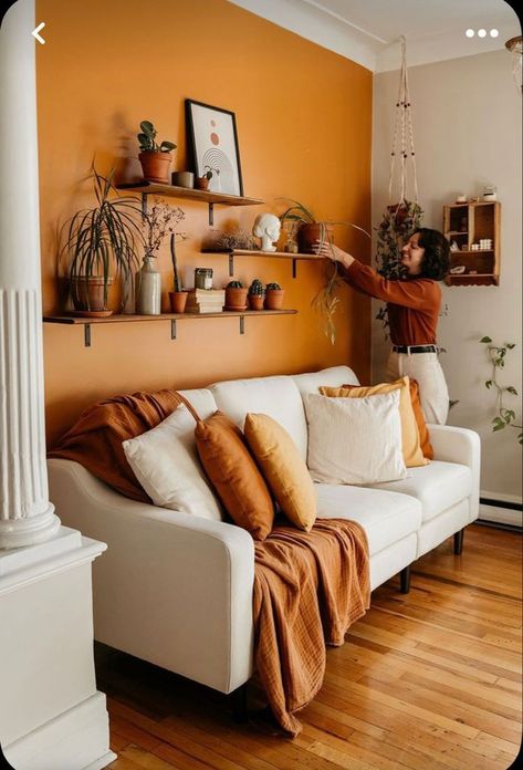 Shelves, Interior Design, Living Room, Bedroom, Orange, Wall, Furniture, Home Decor, Design