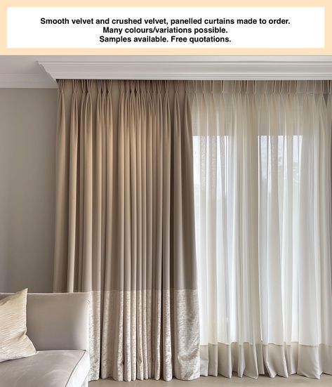 Panelled / bordered curtains made to order. From Curtain Connoisseur. We can be found on Etsy, Pinterest, eBay, Facebook, Instagram, and Tiktok. For all your soft furnishing requirements. Free quotations. Samples available. #windows #Curtains #Interiors #Home #livingroom #Bedroom #decor Bordered Curtains, Bay Window Curtains Living Room, Windows Curtains, Neutral Curtains, Bay Window Curtains, Window Curtains Living Room, Curtains Fabric, Living Room Curtains, Eyelet Curtains