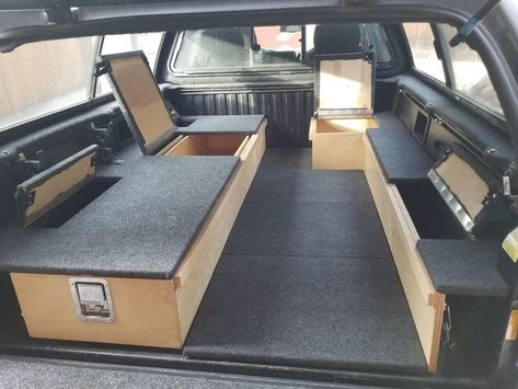 Tacoma Truck Bed Storage, Convert Truck Bed To Camper, Truck Bed Build, Truck Bed Platform, Tacoma Truck Bed Camping, Truck Bed Storage Diy, Camper Shell Ideas, Camping Bed Ideas, F150 Overland