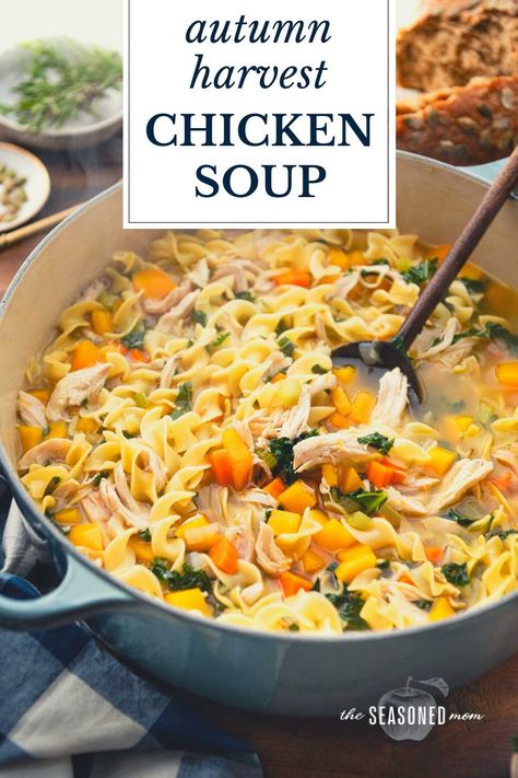 Celebrate the autumn harvest with a fall-inspired chicken noodle soup! This easy pot includes butternut squash, herbs, and fresh greens for a cozy, seasonal supper in less than 1 hour. Butternut Soup, Homemade Egg Noodles, Chicken Noodle Soup Easy, Chicken And Butternut Squash, Roasted Butternut Squash Soup, Butternut Squash Recipes, Fall Soups, Soup Recipes Chicken Noodle, Low Sodium Chicken Broth