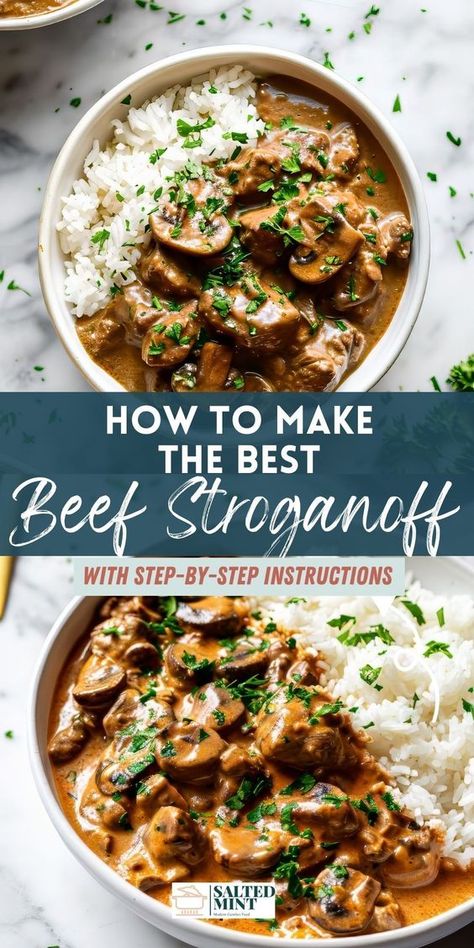 Jazz up your weeknights with our classic beef stroganoff recipe. Quick to prepare and full of flavor, it's a homemade dish that's sure to impress. Complete with sour cream and the best stroganoff sauce tips, it's a versatile beef dinner that can be served over noodles or rice. A delicious solution for your dinner dilemmas! Beef Stroganoff Over Rice, Rice Stroganoff Recipe, Best Stroganoff, Stroganoff Sauce Recipe, Beef Stroganoff With Rice, Canned Beef Recipe, Best Beef Stroganoff Recipe, Pork Stroganoff Recipe, Beef Stroganoff Sauce