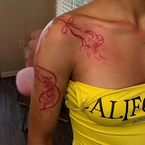 Women’s Red Tattoos, Back Tattoos Red Ink, Red Tattoos On Brown Skin, Red Vine Tattoo, Tattoo Shoulder Ideas, Cute Red Tattoos, Red Tattoos On Dark Skin, Red Ink Tattoos On Dark Skin, Leg Wrap Around Tattoo