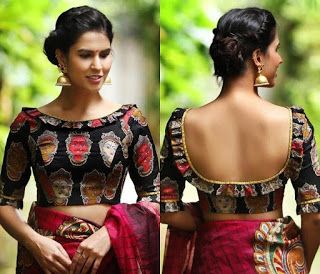 41 Striking boat neck blouse designs for sarees | Bling Sparkle ब्लाउज बैक नेक डिजाइन, Kalamkari Blouse Designs, Black Blouse Designs, Black Blouses, Kalamkari Blouse, Blouse Designs High Neck, Cotton Blouse Design, Backless Blouse Designs, Saree Blouse Neck Designs