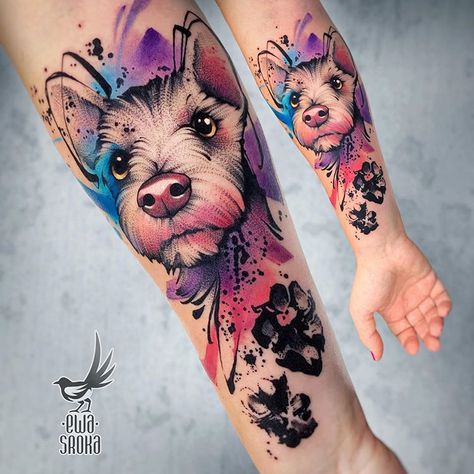 Animal Tattoo Meanings, Geometric Watercolor Tattoo, Watercolor Tattoo Sleeve, Tatoo Dog, Small Watercolor Tattoo, Tier Tattoo, Dog Memorial Tattoos, Pawprint Tattoo, Paw Tattoo