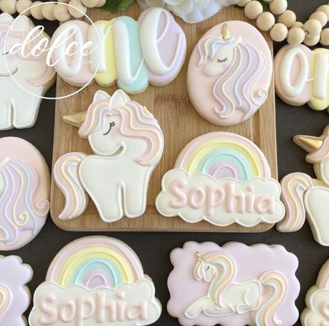 Rainbow Sugar Cookies, Rainbow Unicorn Birthday Party, First Birthday Cookies, Royal Iced Cookies, Sugar Cookie Royal Icing, Unicorn Cookies, Girl Bday Party, Rainbow Unicorn Birthday, 2nd Birthday Party Themes