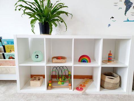 Toy Rotation System, Ikea Montessori, Toy Rotation, Diy Montessori, Toy Storage Bins, Simple Toys, Kallax Ikea, Organizing Systems, Ikea Diy