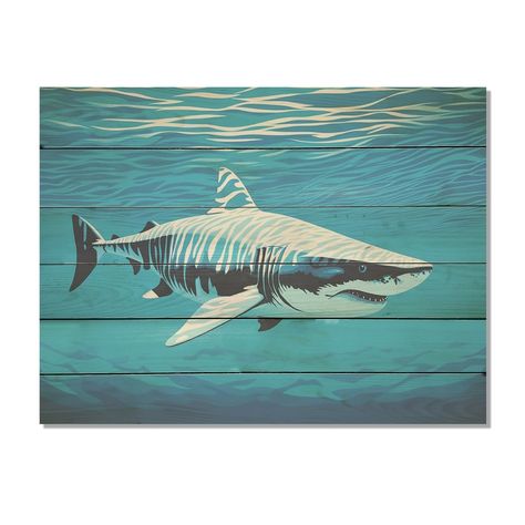 Designart "Tiger Shark Territory" Shark Wood Wall Decor - Modern Blue Wood Panel On Natural Pine Wood - Bed Bath & Beyond - 41210469 Beach Inspired Decor, Modern Style Decor, Tiger Shark, Accent Wall Decor, Modern Blue, Blue Wood, Wooden Planks, Beachcrest Home, Wood Wall Decor