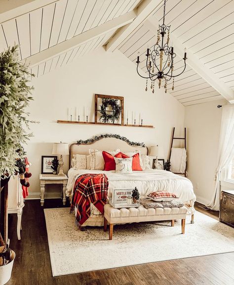 Shiplap Vaulted Ceiling, Red Accent Bedroom, Big Comfy Bed, Red Bedroom Ideas, Beige Upholstered Bed, Beige Bedding, Beige Headboard, Preparing For Christmas, Holiday Bed